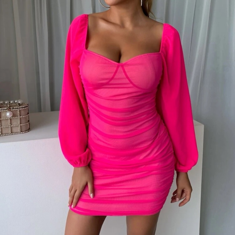 SHEIN Sweetheart Neck Lantern Sleeve Ruched Hot Pink Dress